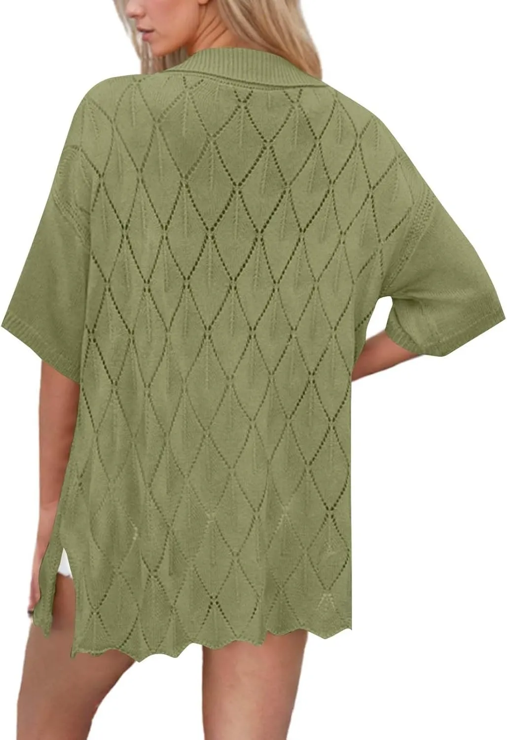 Womens Summer Short Sleeve Cardigans Cable Knit Button Down Lapel Collar Shirts Lightweight Sweater Tops Beach Cover Up