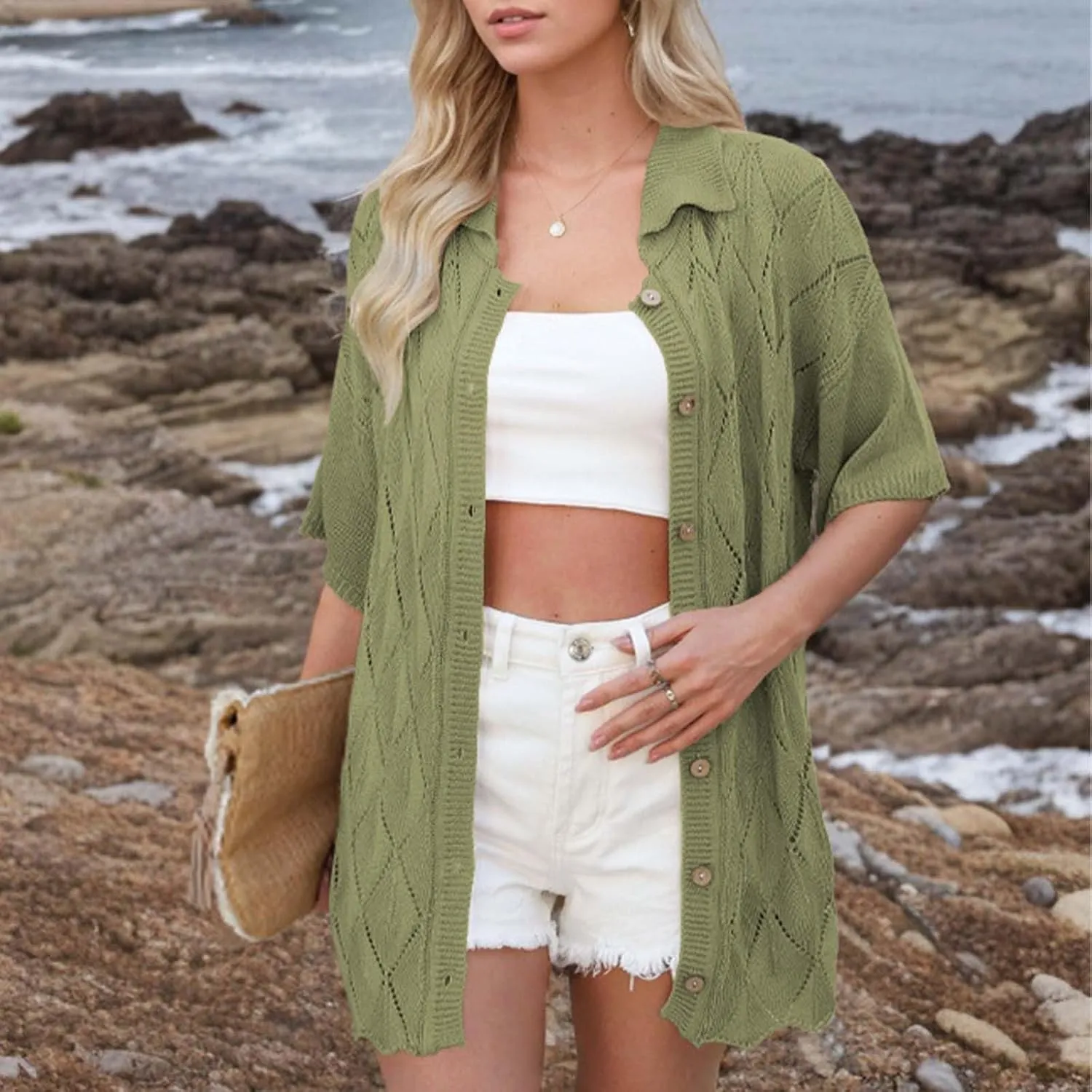 Womens Summer Short Sleeve Cardigans Cable Knit Button Down Lapel Collar Shirts Lightweight Sweater Tops Beach Cover Up