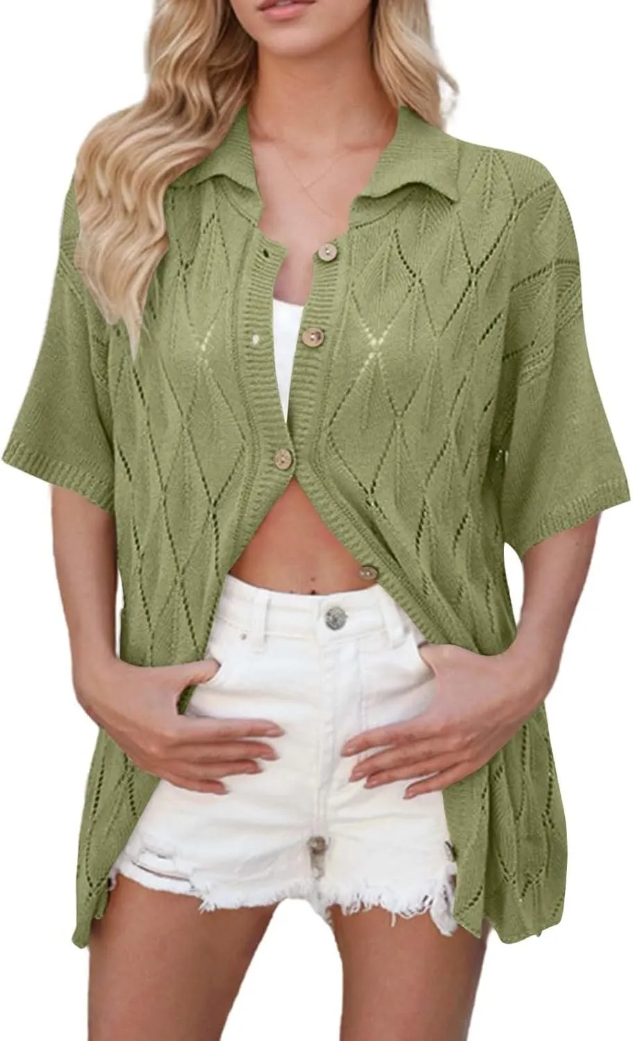 Womens Summer Short Sleeve Cardigans Cable Knit Button Down Lapel Collar Shirts Lightweight Sweater Tops Beach Cover Up