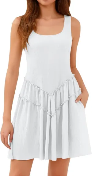 Women's Tank Dress with Pockets Tiered Flowy Mini A Line Casual Sundress Beach Sleeveless Crewneck Cute Dresses