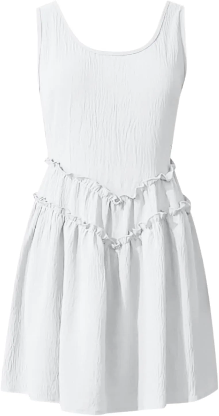 Women's Tank Dress with Pockets Tiered Flowy Mini A Line Casual Sundress Beach Sleeveless Crewneck Cute Dresses