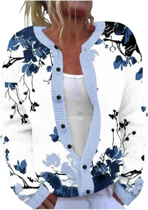 Women's Ugly Cardigan Sweater Crewneck Floral Printed Sweater Full-Button Loose Fit Long Sleeve Knitted Sweater