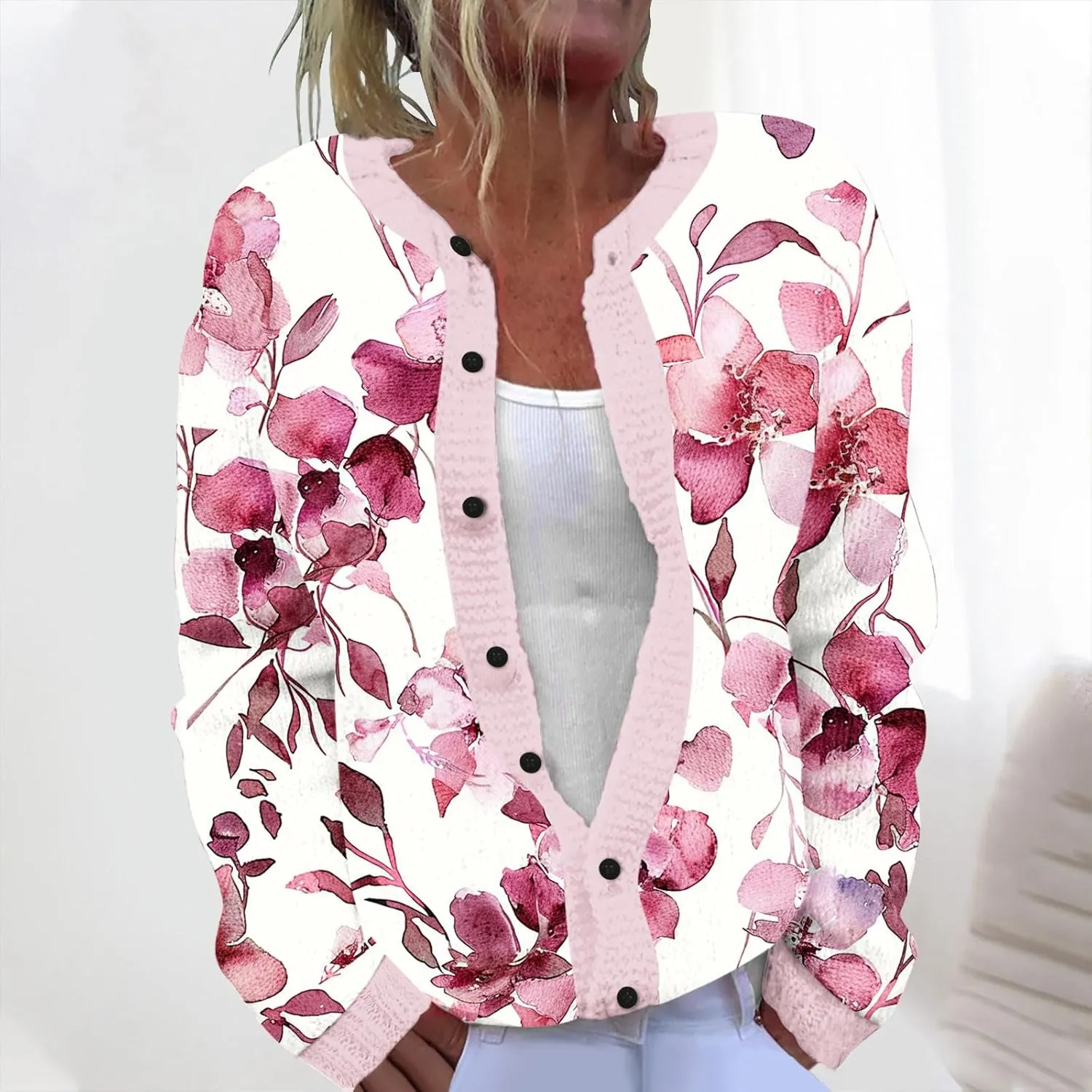 Women's Ugly Cardigan Sweater Crewneck Floral Printed Sweater Full-Button Loose Fit Long Sleeve Knitted Sweater