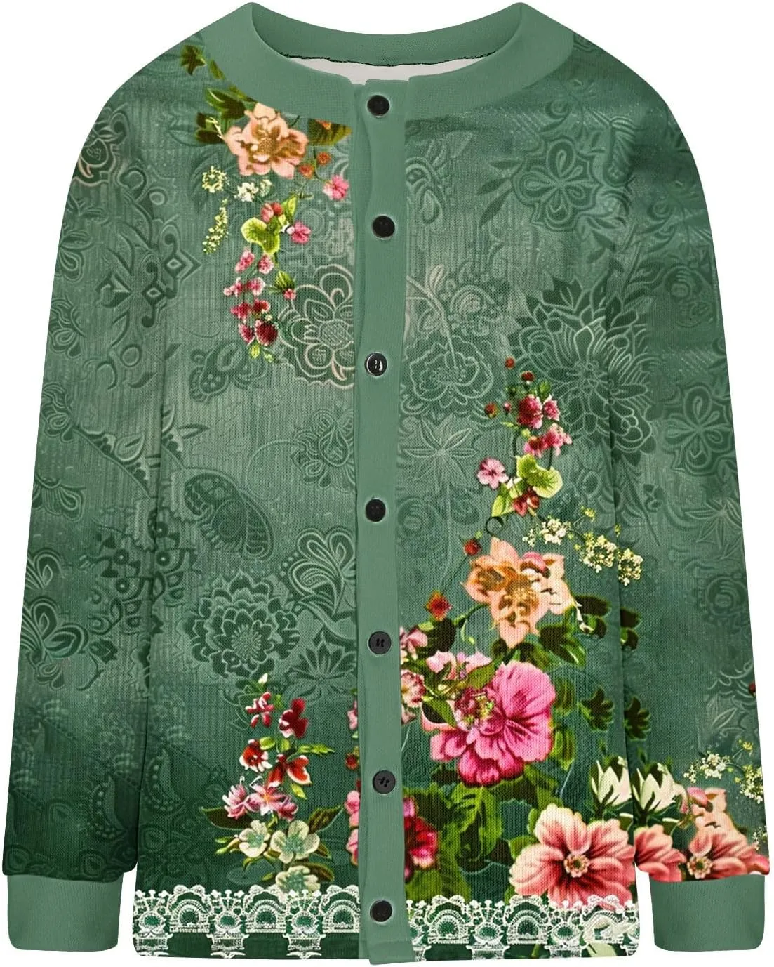 Women's Ugly Cardigan Sweater Crewneck Floral Printed Sweater Full-Button Loose Fit Long Sleeve Knitted Sweater