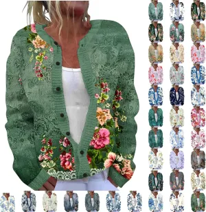 Women's Ugly Cardigan Sweater Crewneck Floral Printed Sweater Full-Button Loose Fit Long Sleeve Knitted Sweater