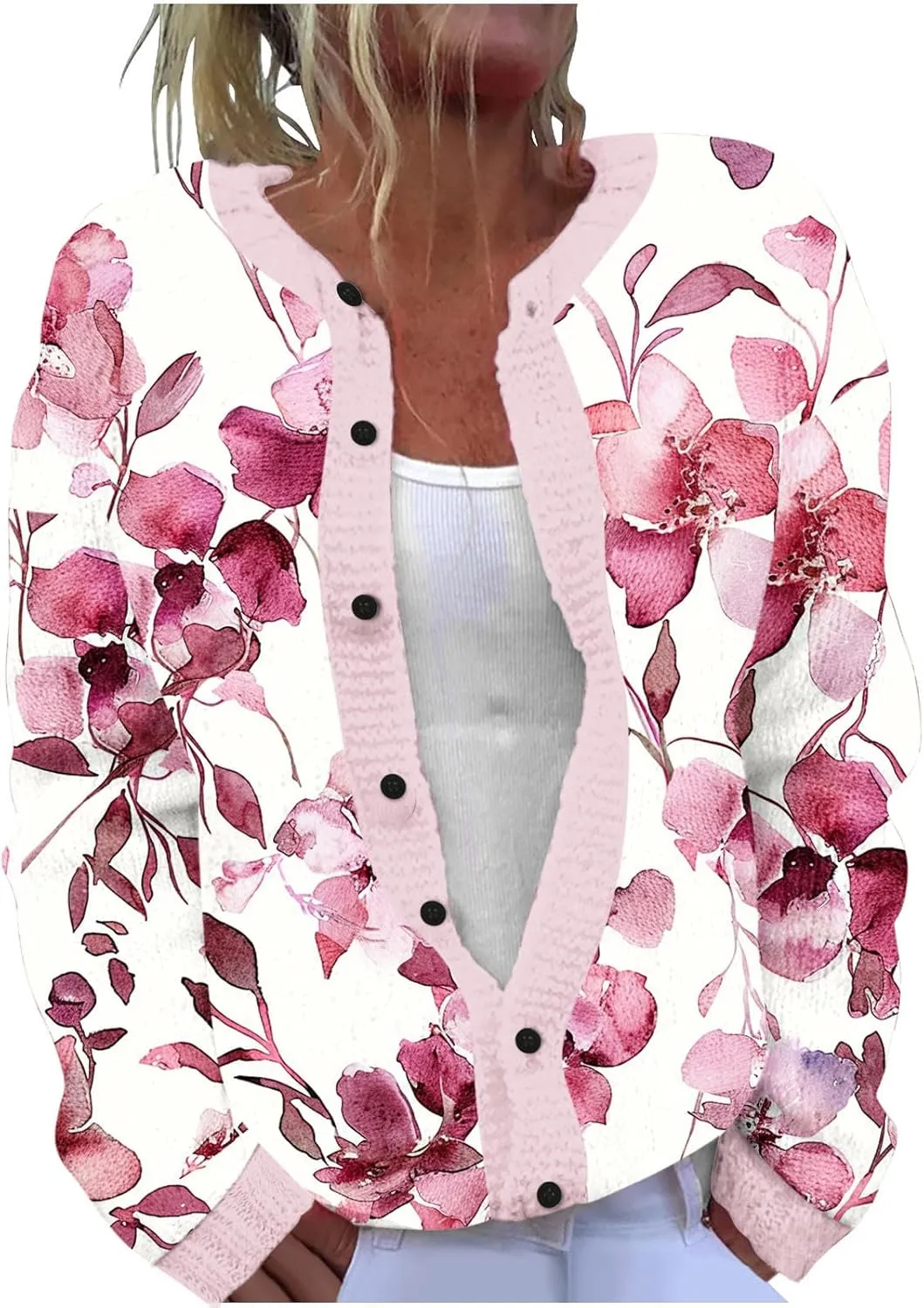 Women's Ugly Cardigan Sweater Crewneck Floral Printed Sweater Full-Button Loose Fit Long Sleeve Knitted Sweater