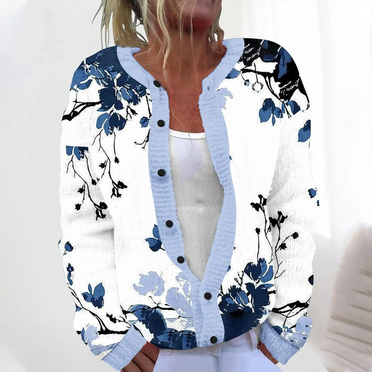 Women's Ugly Cardigan Sweater Crewneck Floral Printed Sweater Full-Button Loose Fit Long Sleeve Knitted Sweater