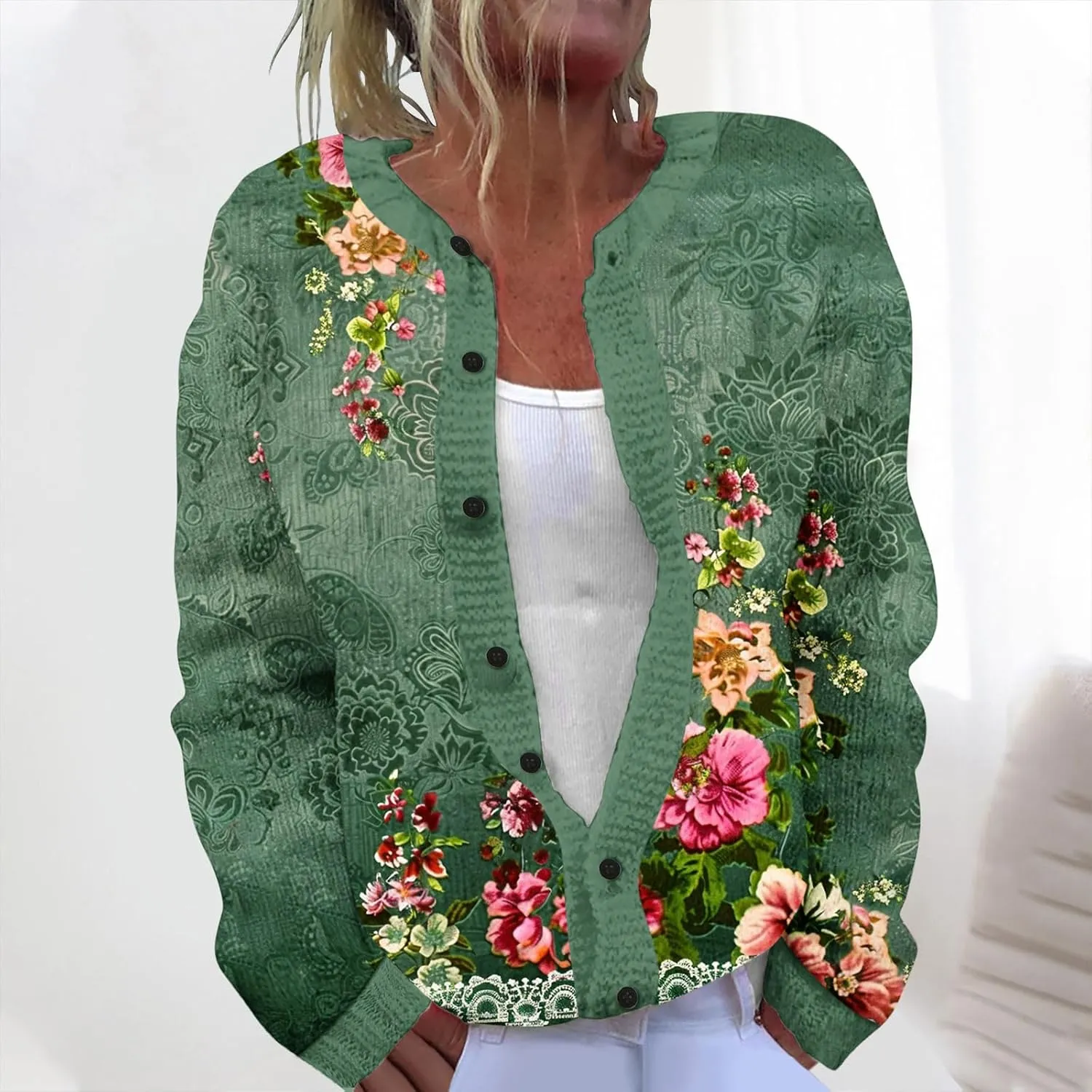 Women's Ugly Cardigan Sweater Crewneck Floral Printed Sweater Full-Button Loose Fit Long Sleeve Knitted Sweater