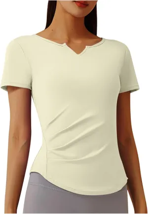 Women's V Neck Slim Fit Yoga Shirts Short Sleeve Activewear T-Shirt Running Fitness Sports Tops 2025 Trendy