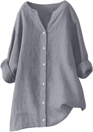 Xiaojmake Womens Cotton Linen Shirts Casual V Neck Button Down Tshirts 3/4 Sleeve Loose Comfy Beach Tunic Tops Summer Blouse