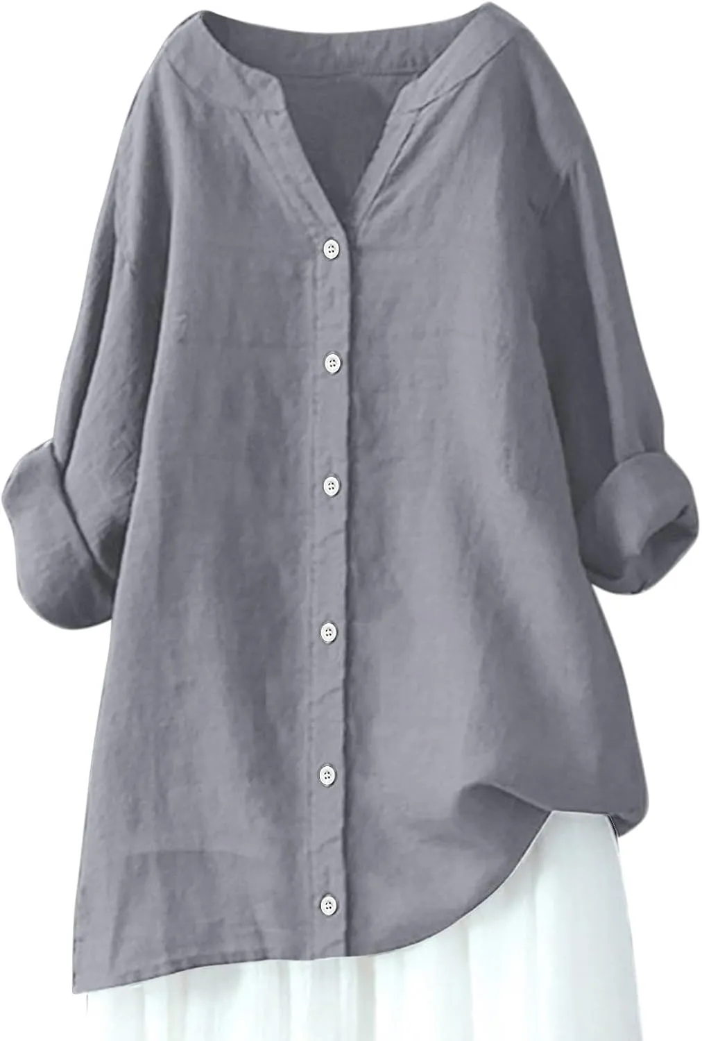 Xiaojmake Womens Cotton Linen Shirts Casual V Neck Button Down Tshirts 3/4 Sleeve Loose Comfy Beach Tunic Tops Summer Blouse