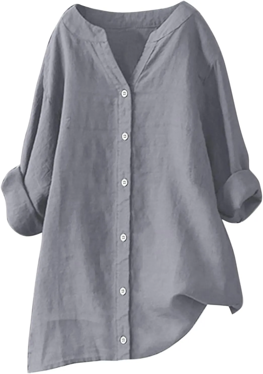 Xiaojmake Womens Cotton Linen Shirts Casual V Neck Button Down Tshirts 3/4 Sleeve Loose Comfy Beach Tunic Tops Summer Blouse